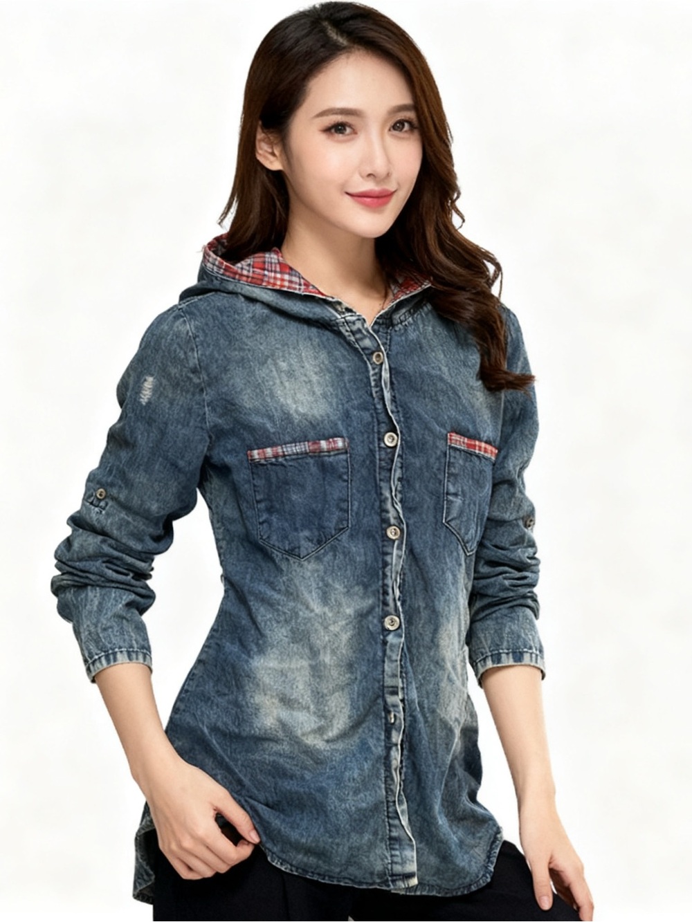 Denim Button-Down Hooded Shirt - Blue